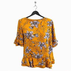 Floral Ruffle Sleeve Top - Mustard and Gray